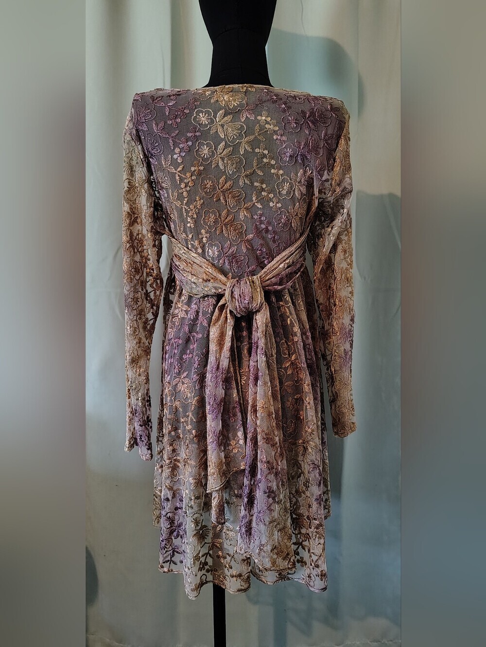 Wednesday's Child Mauve Gold Embroidery Floral Lace Dress Large Boho Vintage - Picture 8 of 16